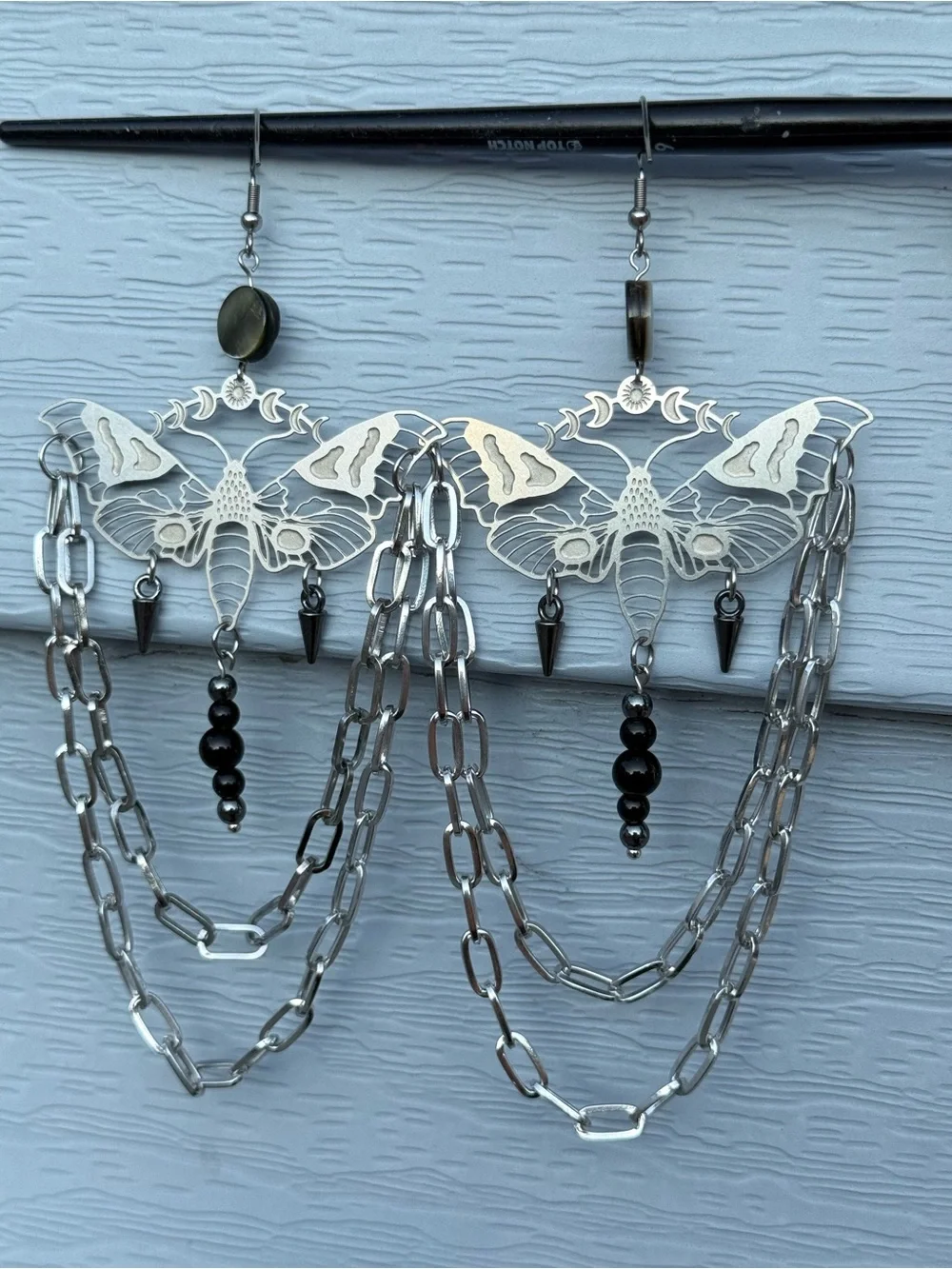 Moth statement earrings black obsidian hematite hanging chains witchy boho festi